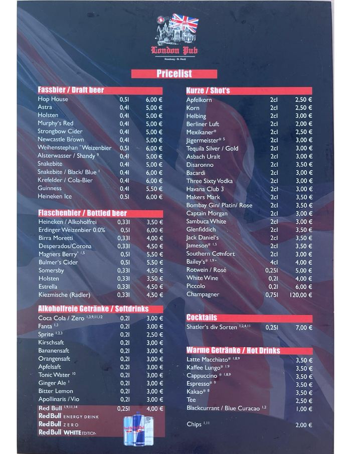 London Pub Preisliste: Fassbier, Flaschenbier, alkoholfreie Getränke, Kurze, Cocktails und Warme Getränke